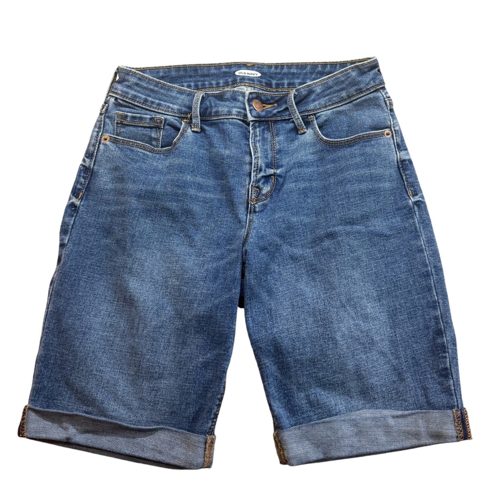 Old Navy Womens Denim Bermuda Shorts Medium Wash Cuffed Size 0 Stretch Mid Rise